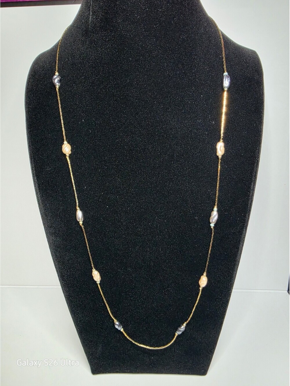 Long Baroque Multi Color Faux Pearl Station Necklace Gold Tone Chain 24"